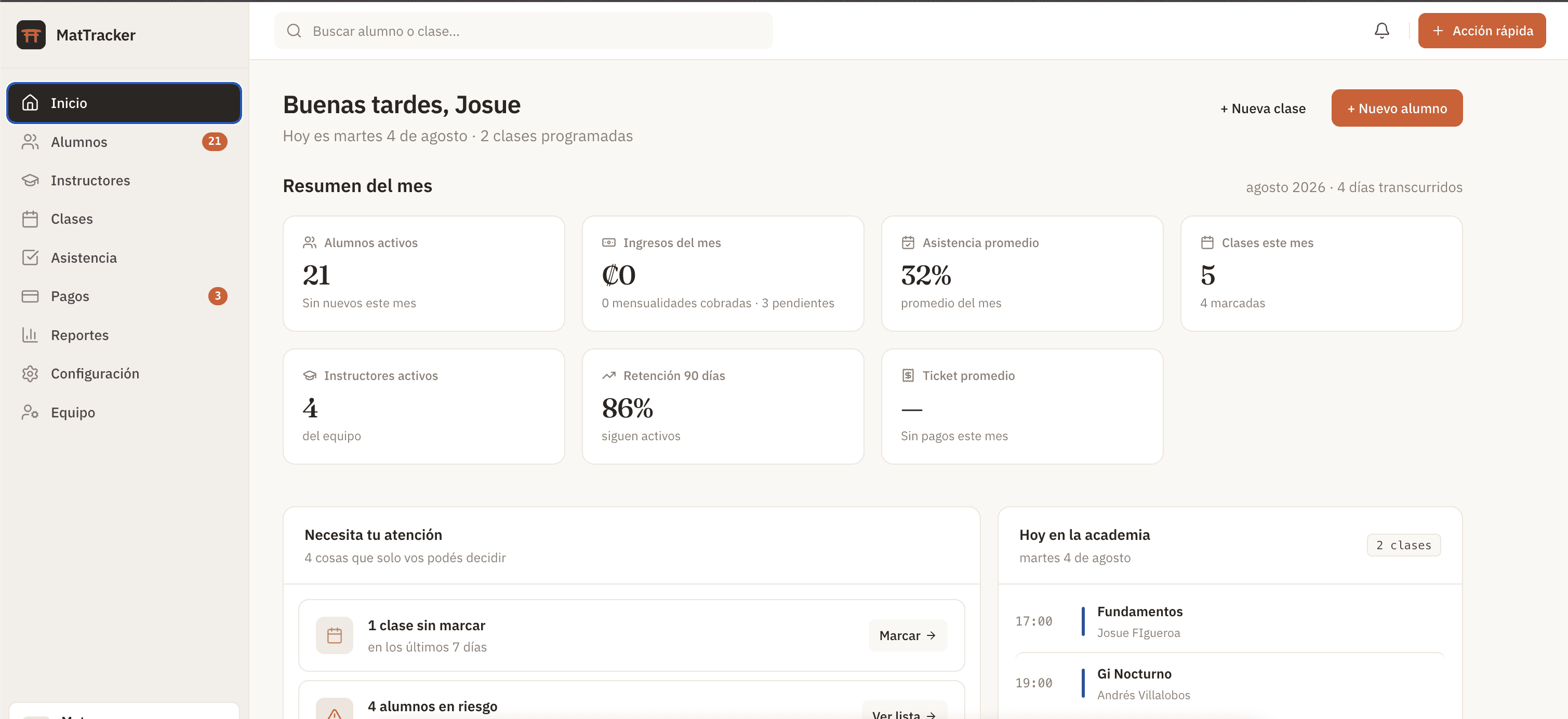 Panel principal de MatTracker mostrando el resumen de alumnos activos, la asistencia de la semana y los pagos pendientes