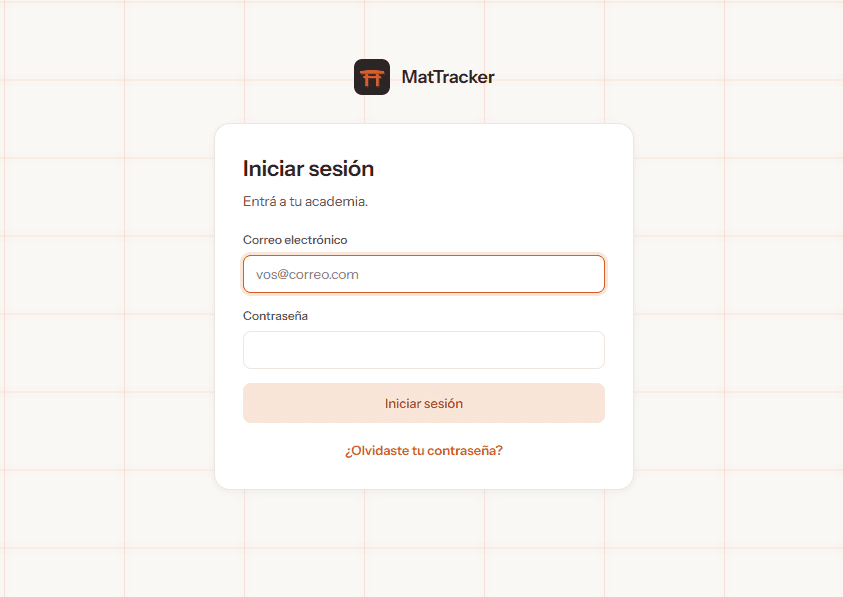 Pantalla de inicio de sesión de MatTracker con los campos de correo y contraseña